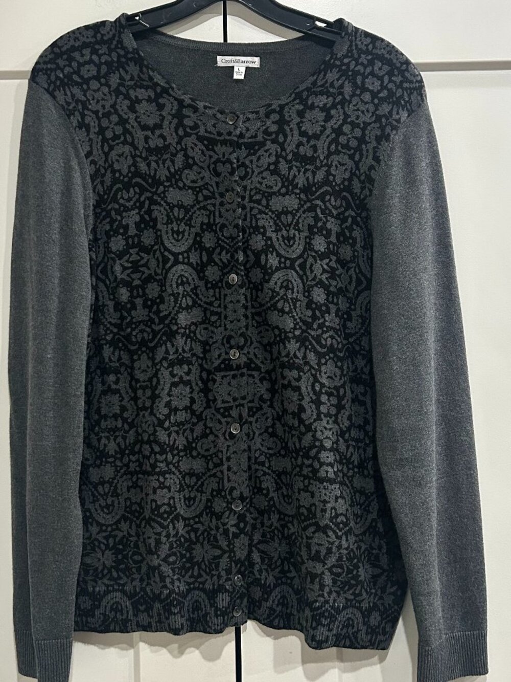 Croft & Barrow Black Gray Paisley Button Front Cardigan Women’s L